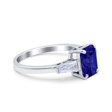 Art Deco Wedding Ring Emerald Cut Simulated Blue Sapphire CZ 925 Sterling Silver